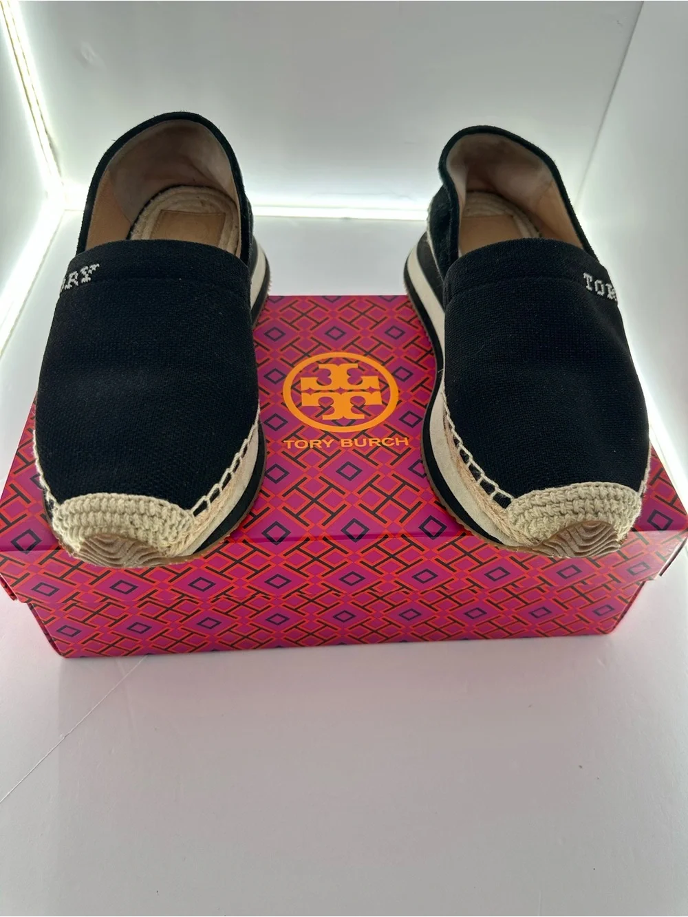 Tory Burch Black Canvas Espadrille Platform Slip-On Sneakers Size 6M